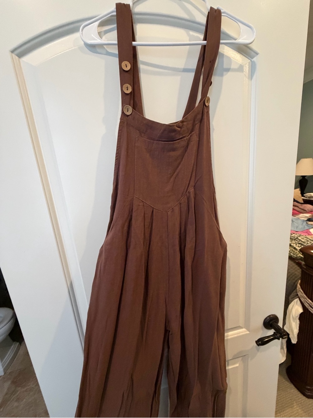 Brown Button-Strap Linen Overalls